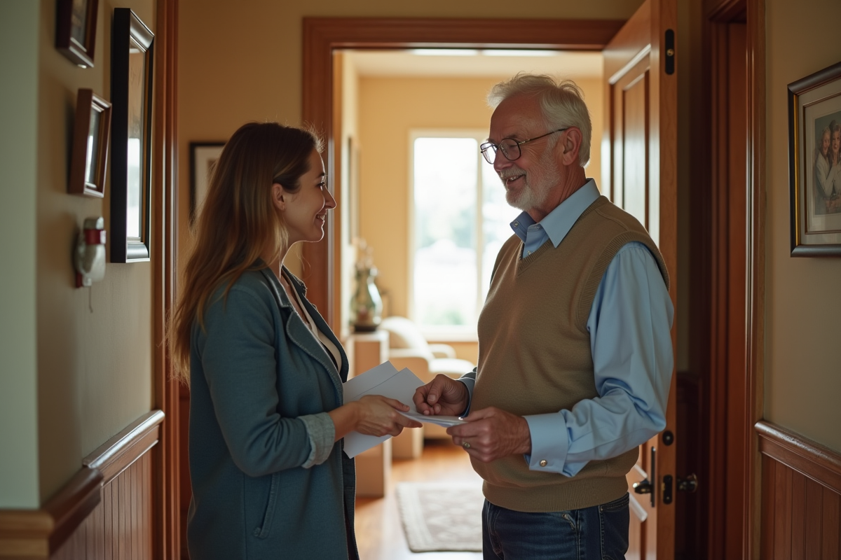 Homme âgé remettant document à une agent d