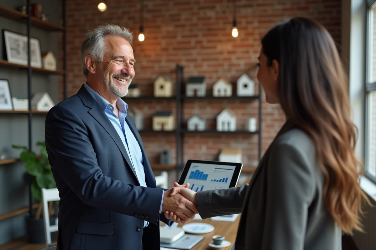 Homme souriant serrant la main d’un agent immobilier dans un bureau