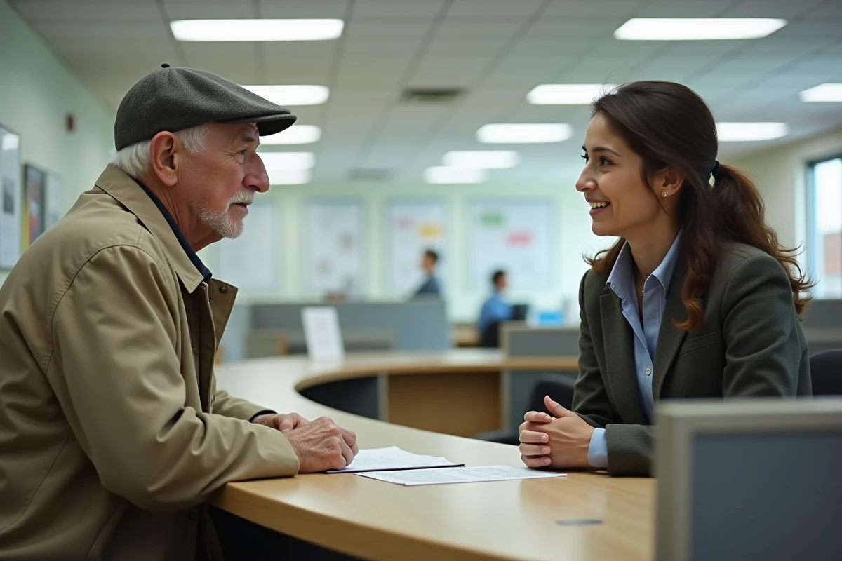 Homme âgé parle avec une conseillère dans un bureau municipal