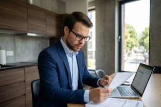 Homme en costume bleu dans une cuisine moderne avec documents
