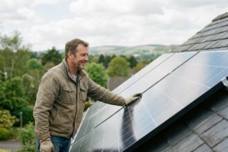 Homme en workwear sur toit en ardoise inspectant des panneaux solaires