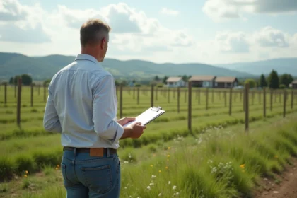 Homme d'âge moyen observant un champ avec un clipboard