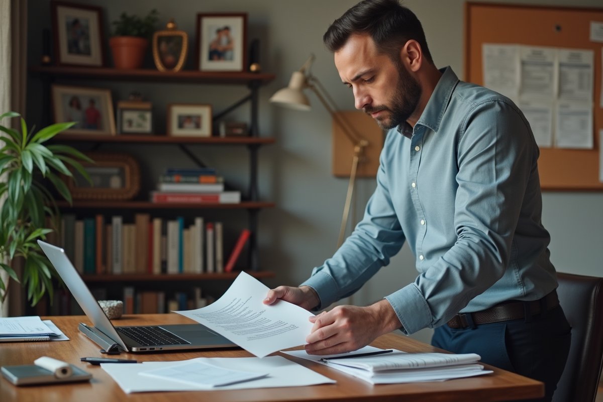 Homme d age moyen attache documents au portail fiscal sur son ordinateur