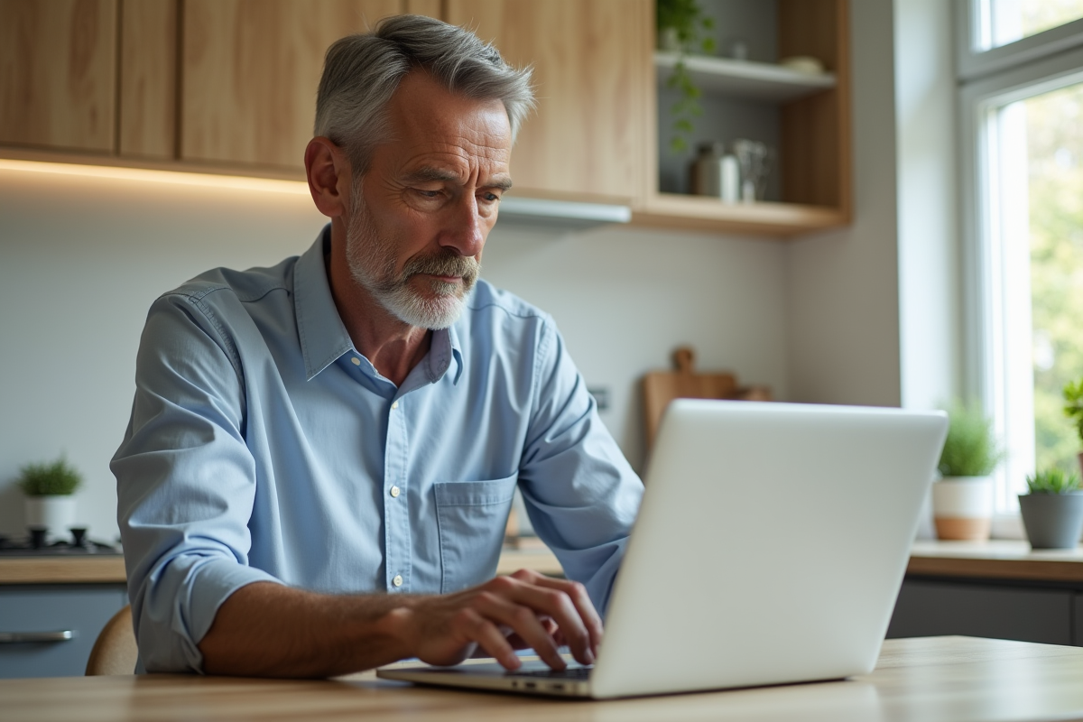 Homme d age moyen travaillant sur un ordinateur dans la cuisine