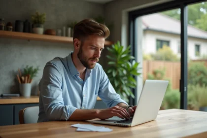 Homme concentré tapant ses finances sur un ordinateur dans une cuisine moderne