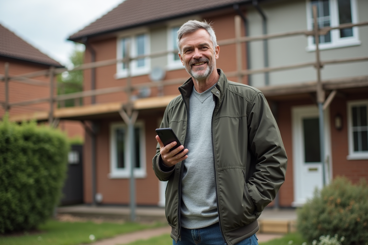Homme en extérieur devant une maison en rénovation