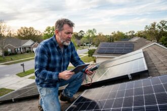 Homme examinant un panneau solaire sur un toit résidentiel