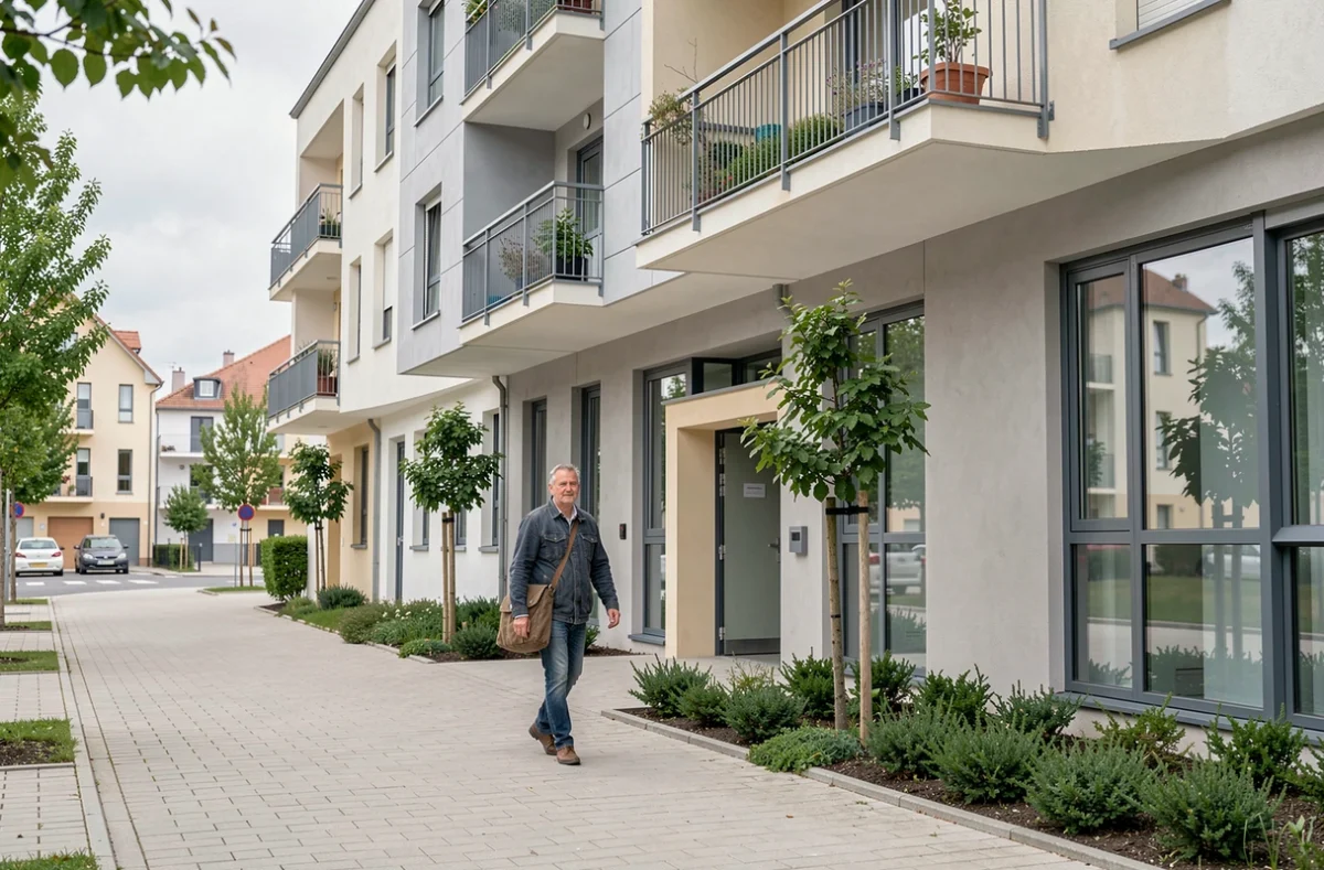 Façade d'un immeuble de logements sociaux à Levallois-Perret avec un résident marchant sur la voie piétonne devant l'entrée