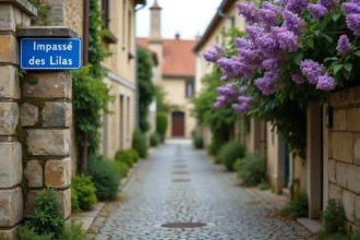 Panneau de rue indiquant l'Impasse des Lilas dans un village français, entouré de lilas en fleurs et de murs en pierre ancienne