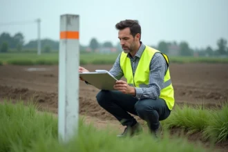Ingénieur civil examinant une borne de terrain sur un chantier suburbain avec document technique en main