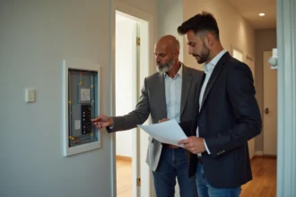 Propriétaire vérifiant le panneau électrique moderne à la maison