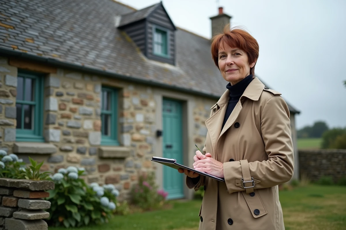 Femme inspectant la façade en pierre d'une maison bretonne traditionnelle avec un carnet de notes lors d'une visite immobilière