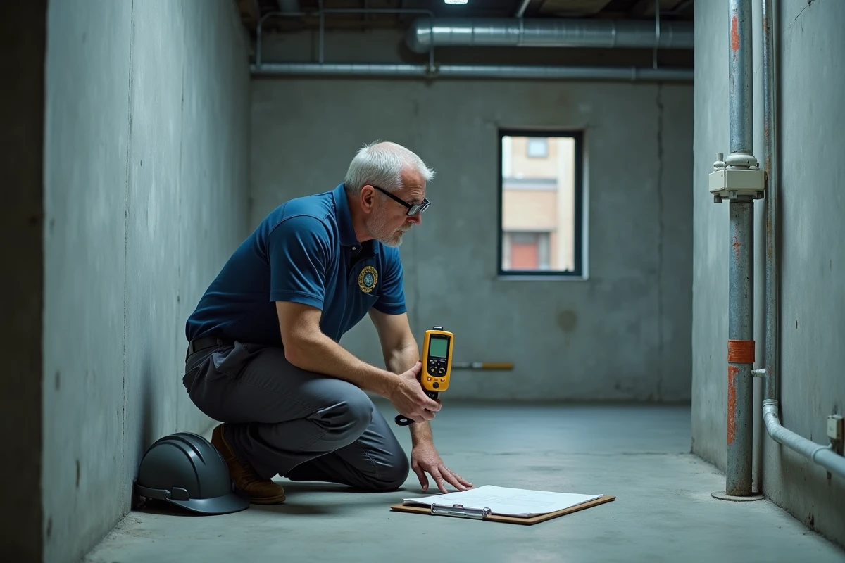 Inspecteur municipal mesurant la surface d'une petite pièce en sous-sol pour vérifier la conformité légale du logement