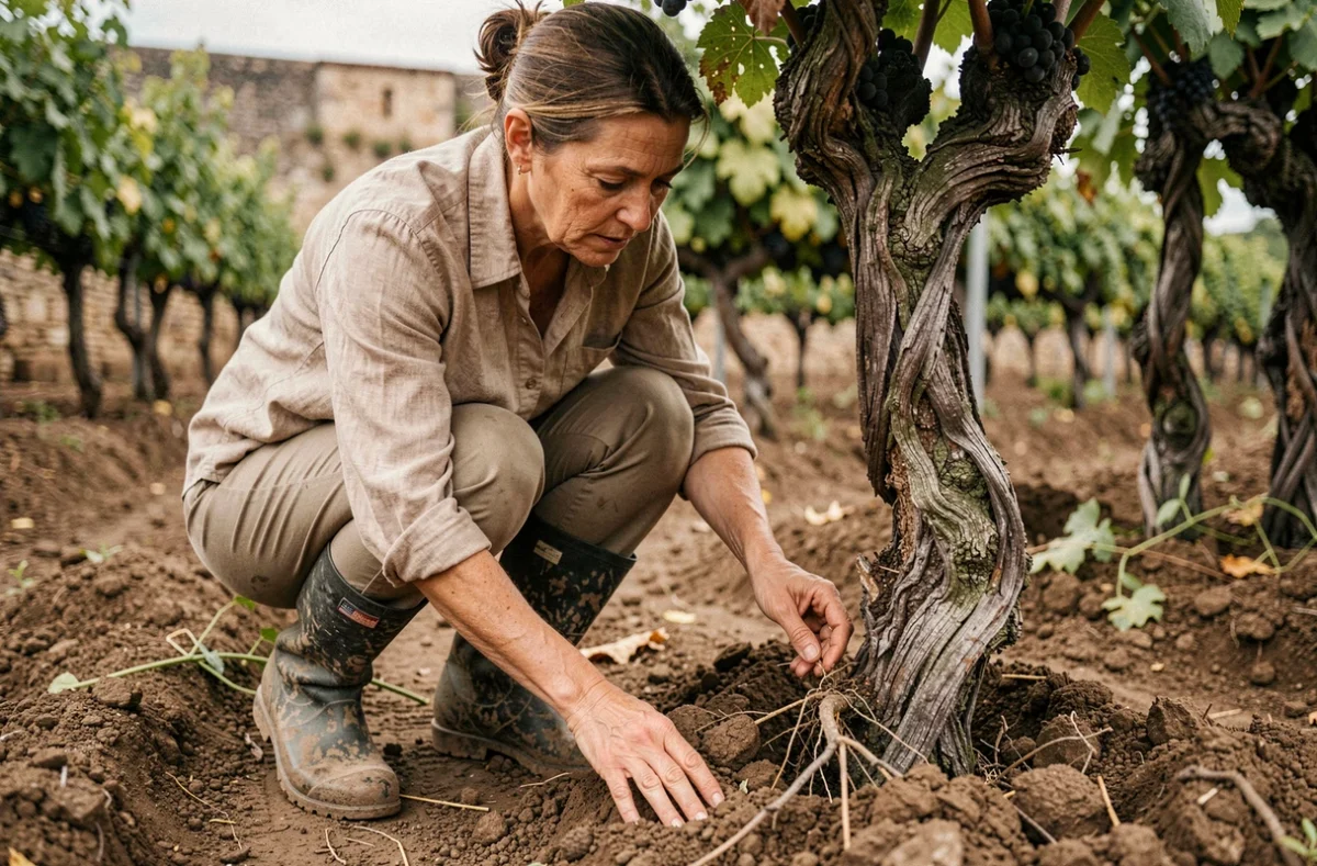 Femme inspectant le terroir et les vieilles vignes de Merlot lors d'une visite d'achat de vignoble à Bordeaux