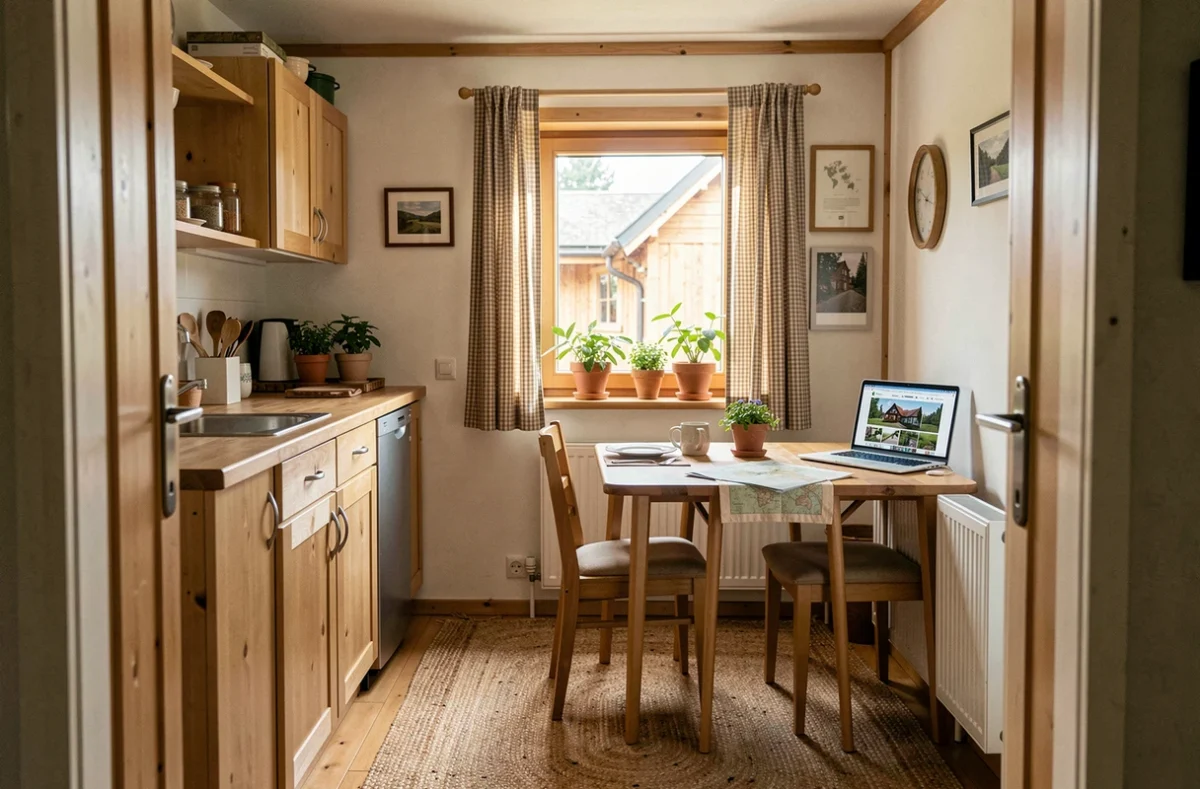 Intérieur d'un chalet en PRL avec ordinateur affichant une annonce de vente sans frais d'agence