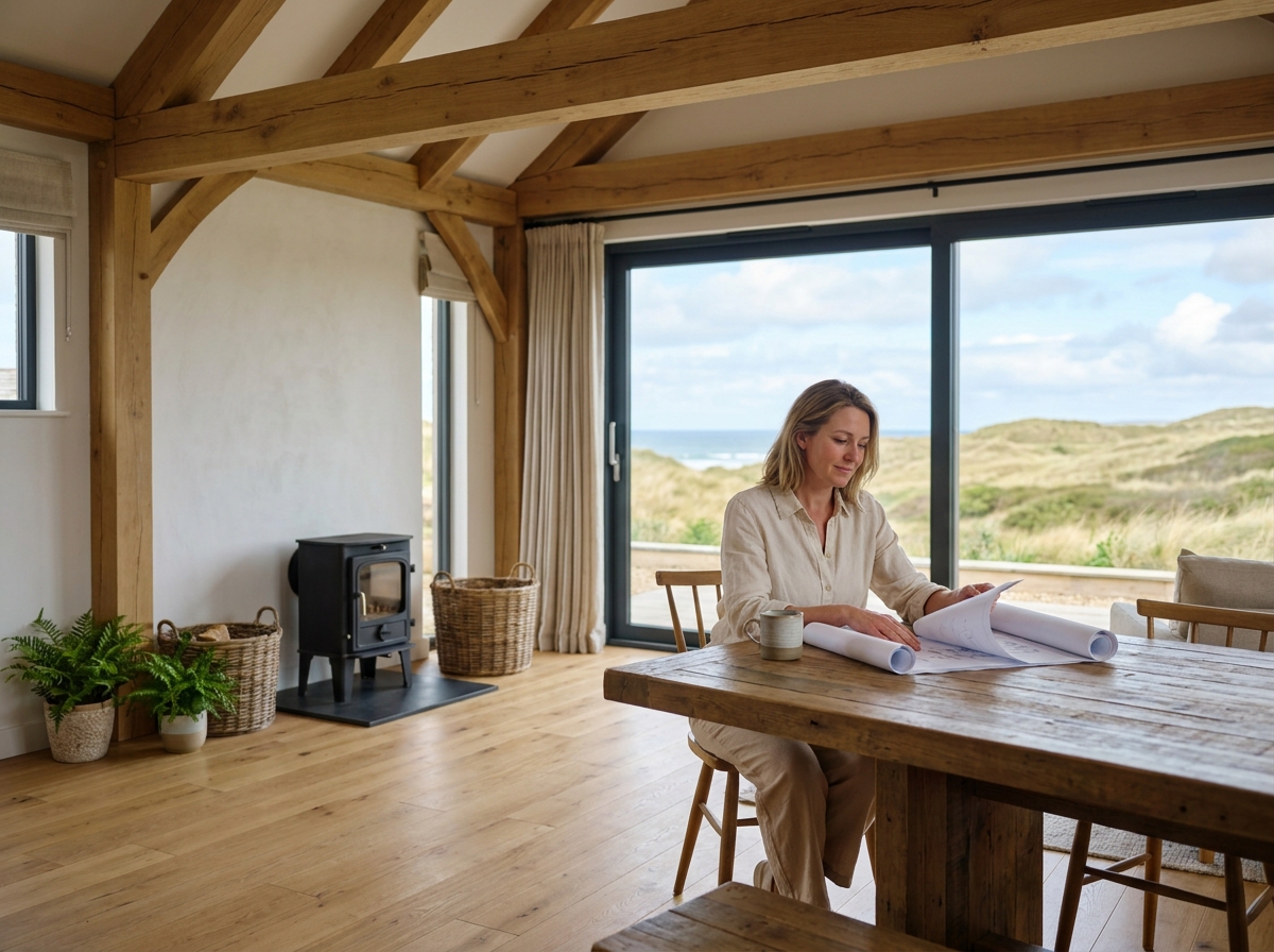 Intérieur lumineux d'une maison ossature bois avec vue sur les dunes atlantiques et espace de vie ouvert