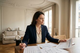Investisseuse analysant des documents financiers et un plan de meublé dans un appartement haussmannien parisien