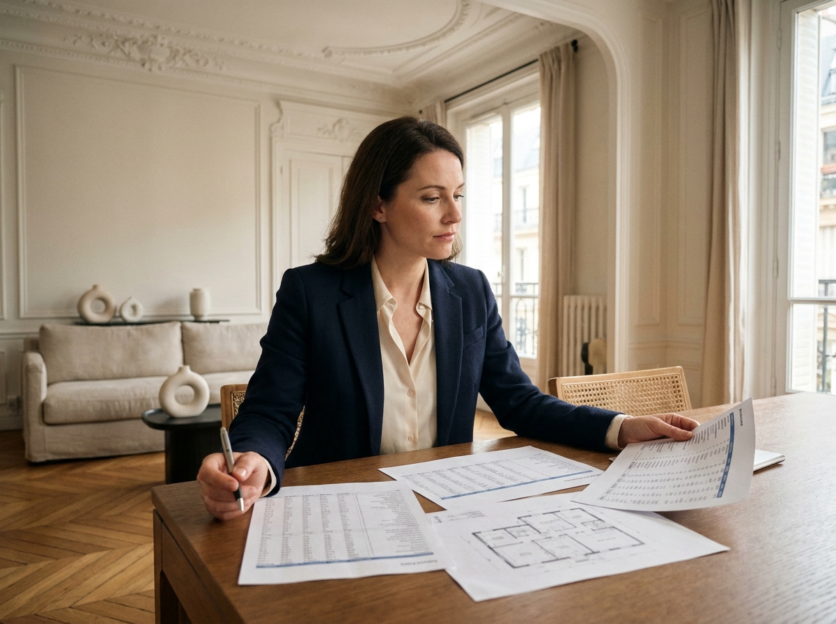Investisseuse analysant des documents financiers et un plan de meublé dans un appartement haussmannien parisien