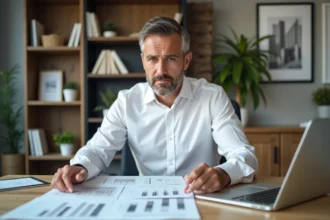 Investisseur immobilier examinant des documents de revue foncière avec un regard critique à son bureau