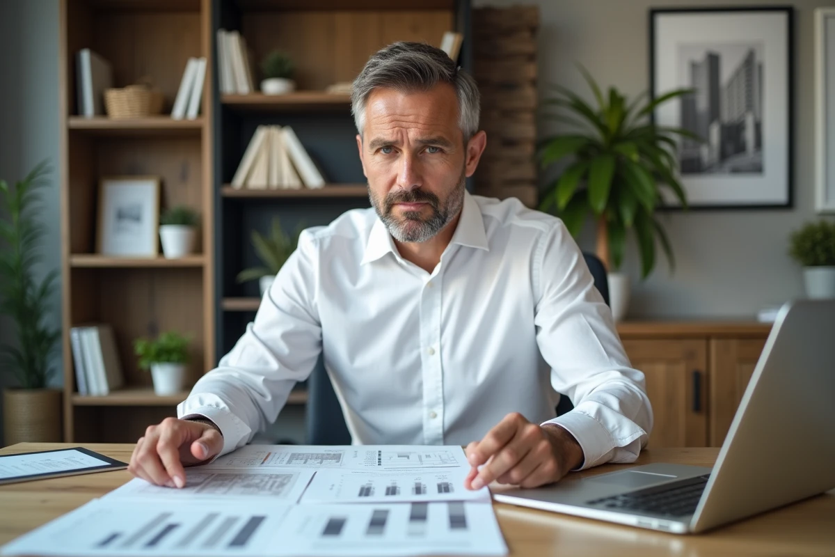 Investisseur immobilier examinant des documents de revue foncière avec un regard critique à son bureau
