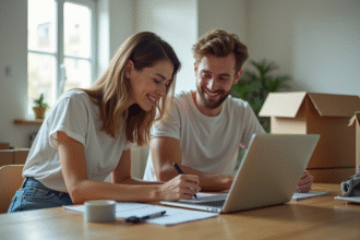 Jeune couple assis à la table de cuisine en plein déménagement