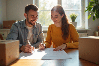 Jeune couple au déménagement remplissant papiers de remboursement