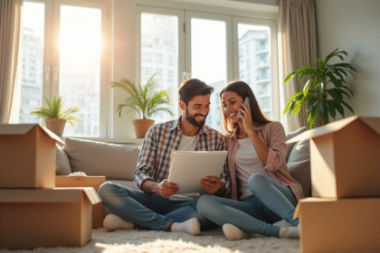 Jeune couple souriant planifiant leur déménagement dans un salon lumineux
