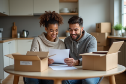 Jeune couple organisant leur déménagement dans un appartement