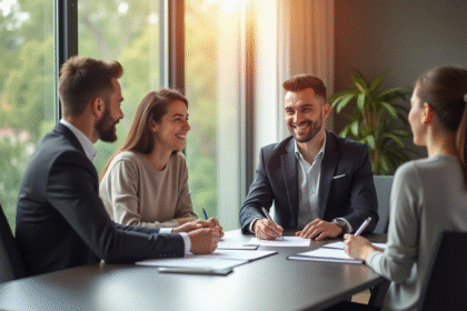 Jeune couple souriant discutant d'un prêt immobilier avec un conseiller