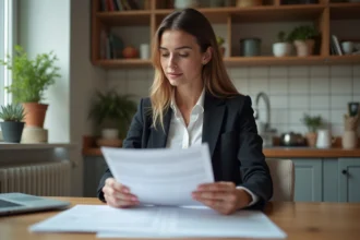 Jeune femme professionnelle examine documents immobiliers dans un appartement