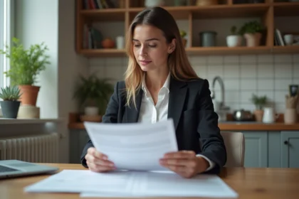 Jeune femme professionnelle examine documents immobiliers dans un appartement
