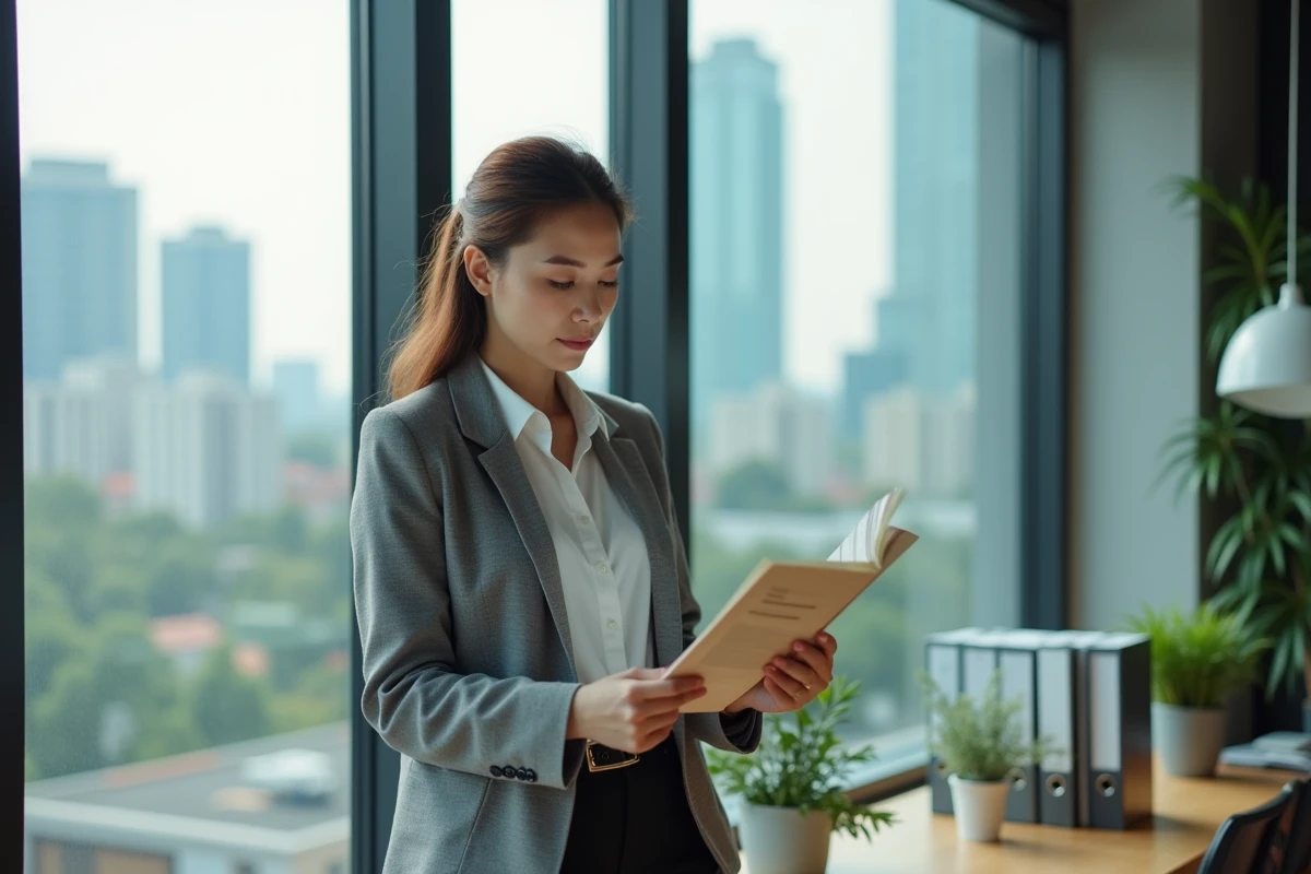 Jeune femme professionnelle lisant brochure d