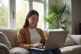 Jeune femme souriante utilisant un ordinateur portable dans un salon lumineux