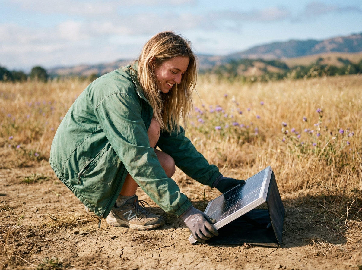 Jeune femme posant un modèle de panneau solaire dans un champ
