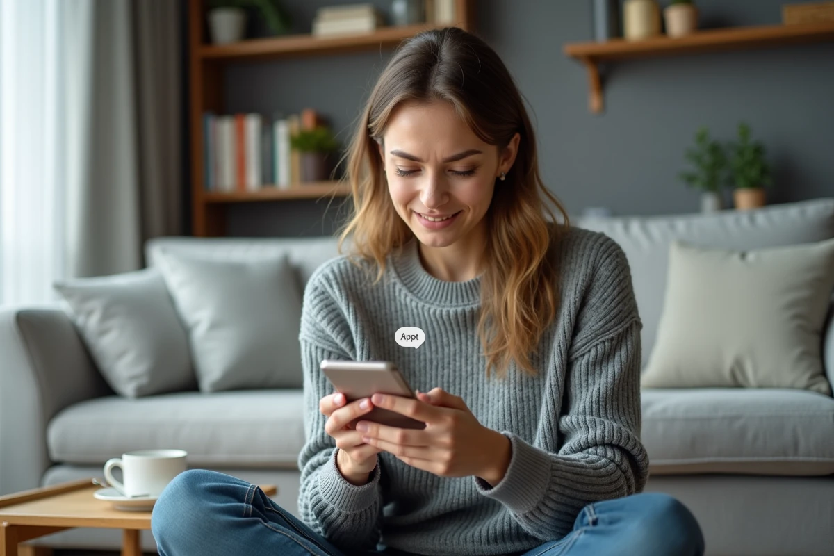 Jeune femme lisant une abréviation incorrecte d'appartement sur son smartphone dans un salon moderne
