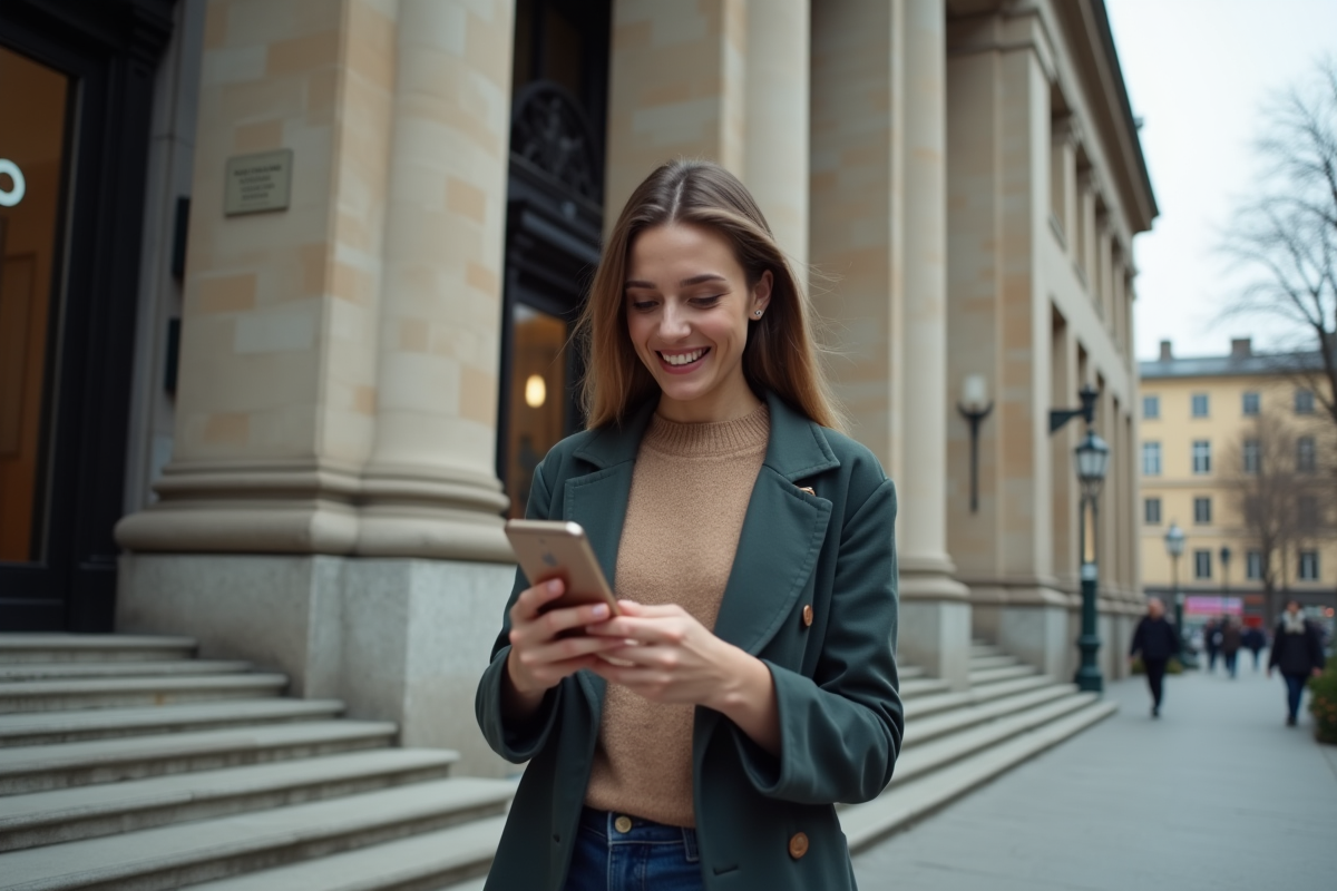 Jeune femme vérifiant son smartphone devant une banque