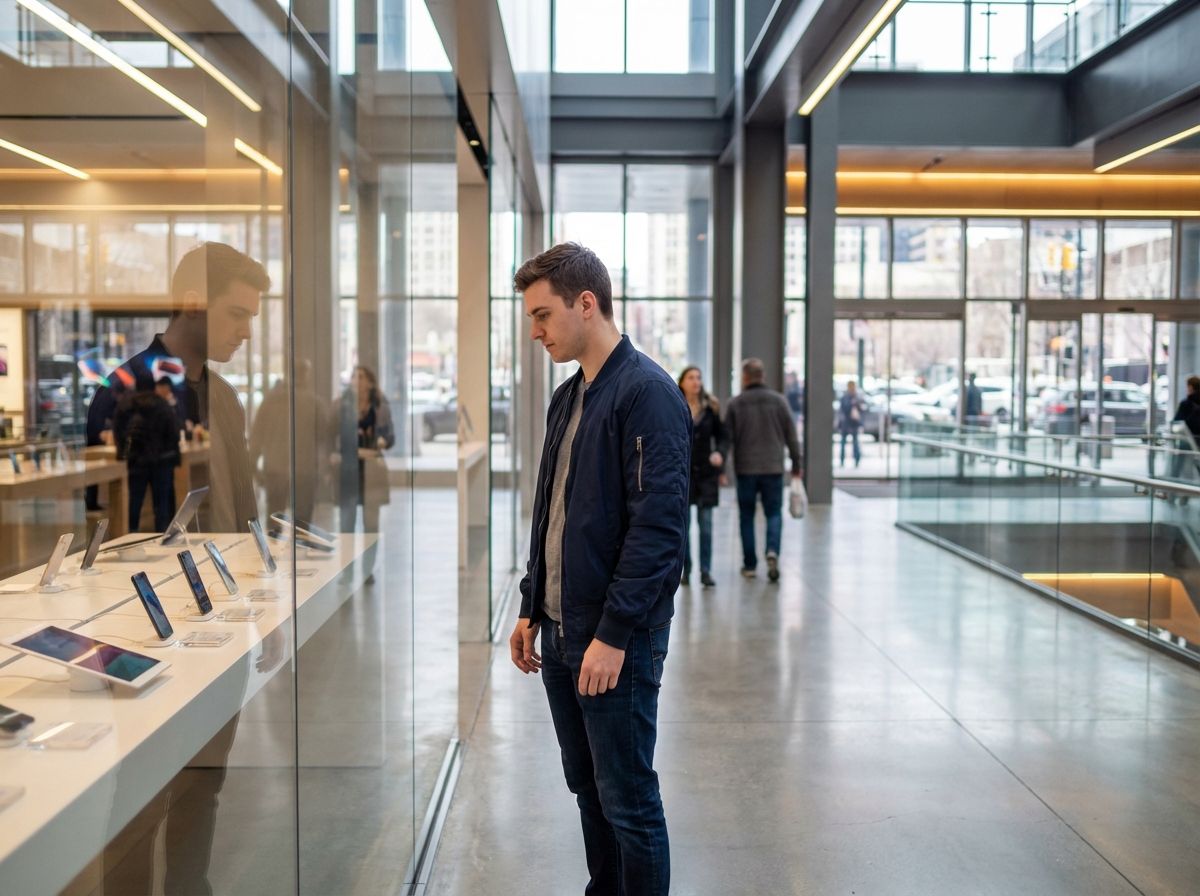 Jeune homme regarde électronique dans centre commercial moderne
