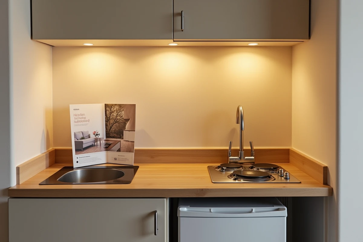 Kitchenette minimaliste à deux feux présentée comme entièrement équipée dans une annonce immobilière