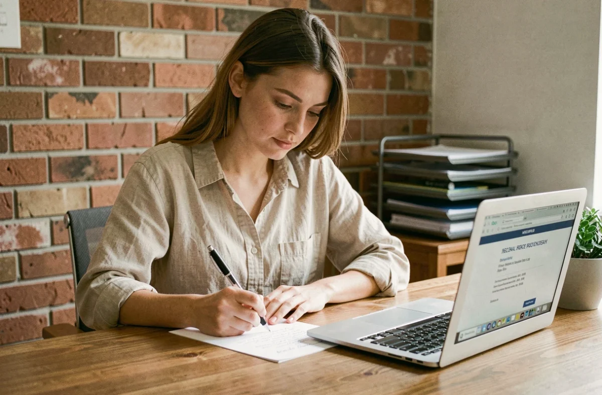 Jeune femme rédigeant une lettre de motivation pour une location d'appartement à son bureau
