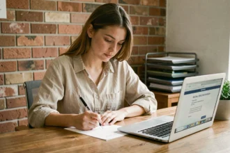 Jeune femme rédigeant une lettre de motivation pour une location d'appartement à son bureau