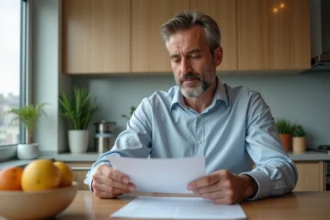 Homme d'âge moyen lisant une lettre de loyer dans sa cuisine