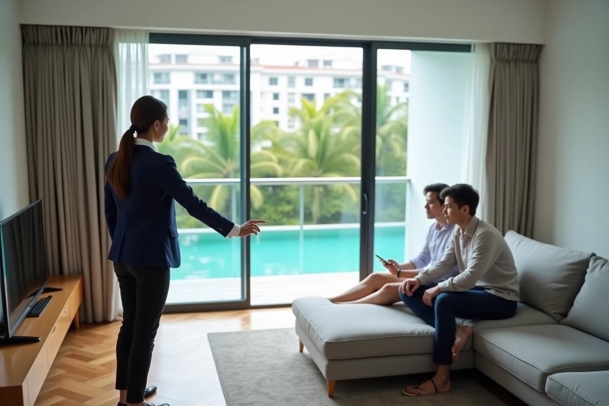 Visite d'un appartement à Bangkok avec balcon donnant sur la piscine de la résidence