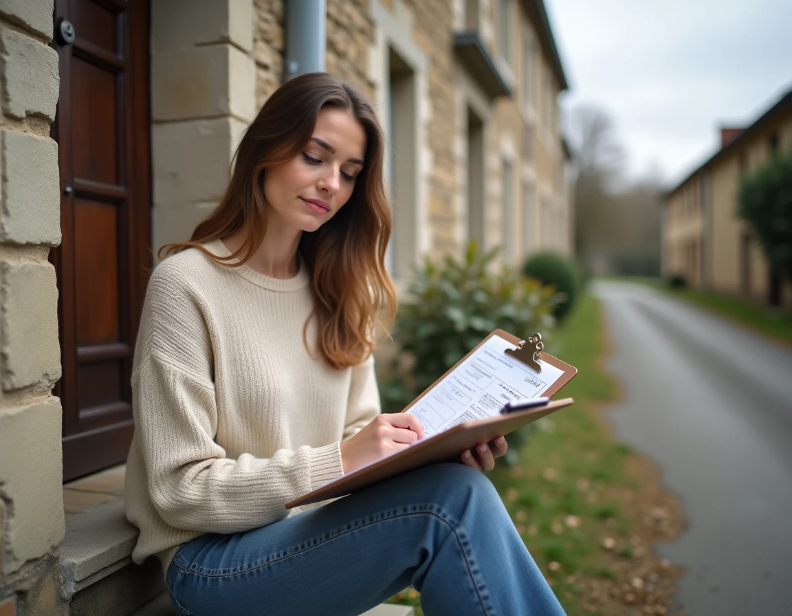 Femme consultant une annonce de location devant une maison en pierre dans la Haute-Saône