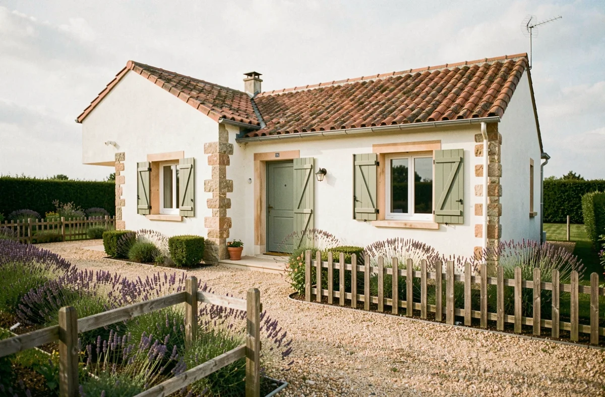 Façade d'une maison de plain-pied à louer avec jardin soigné et volets verts en campagne française