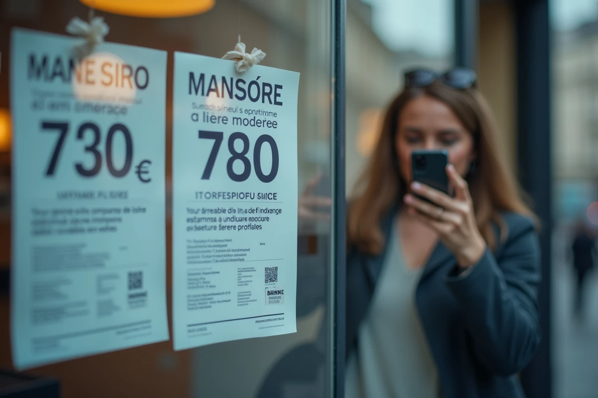 Femme photographiant des annonces avec loyers comparatifs questionnant la définition d'un 'loyer modéré'