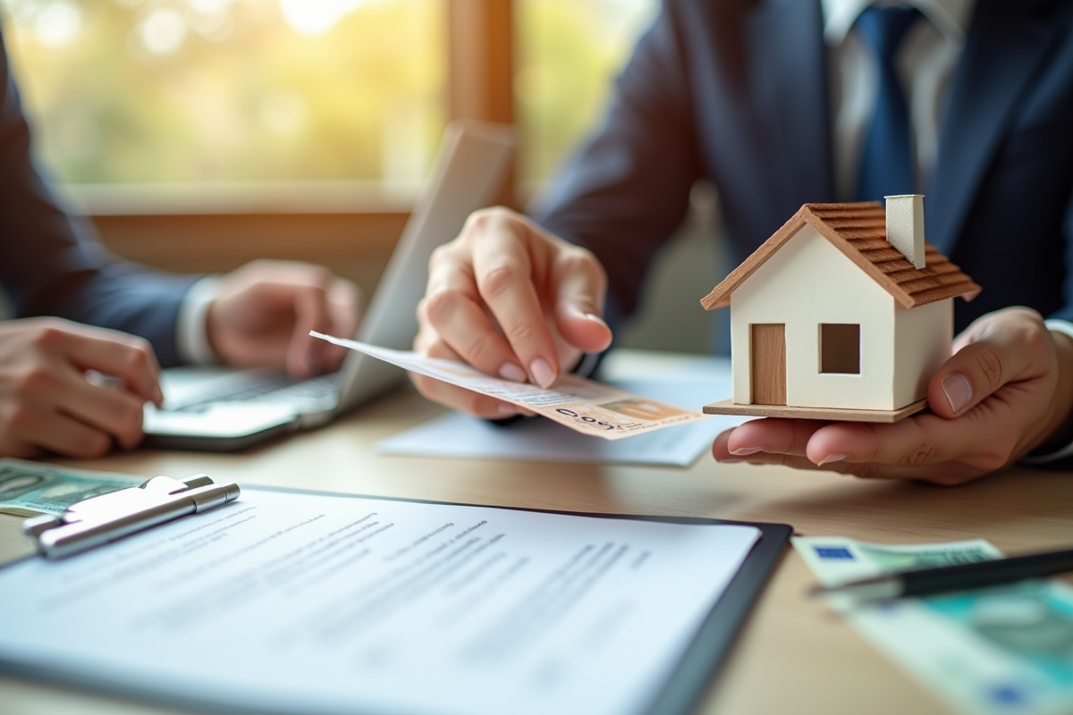Main tenant une maison miniature et un contrat de prêt immobilier