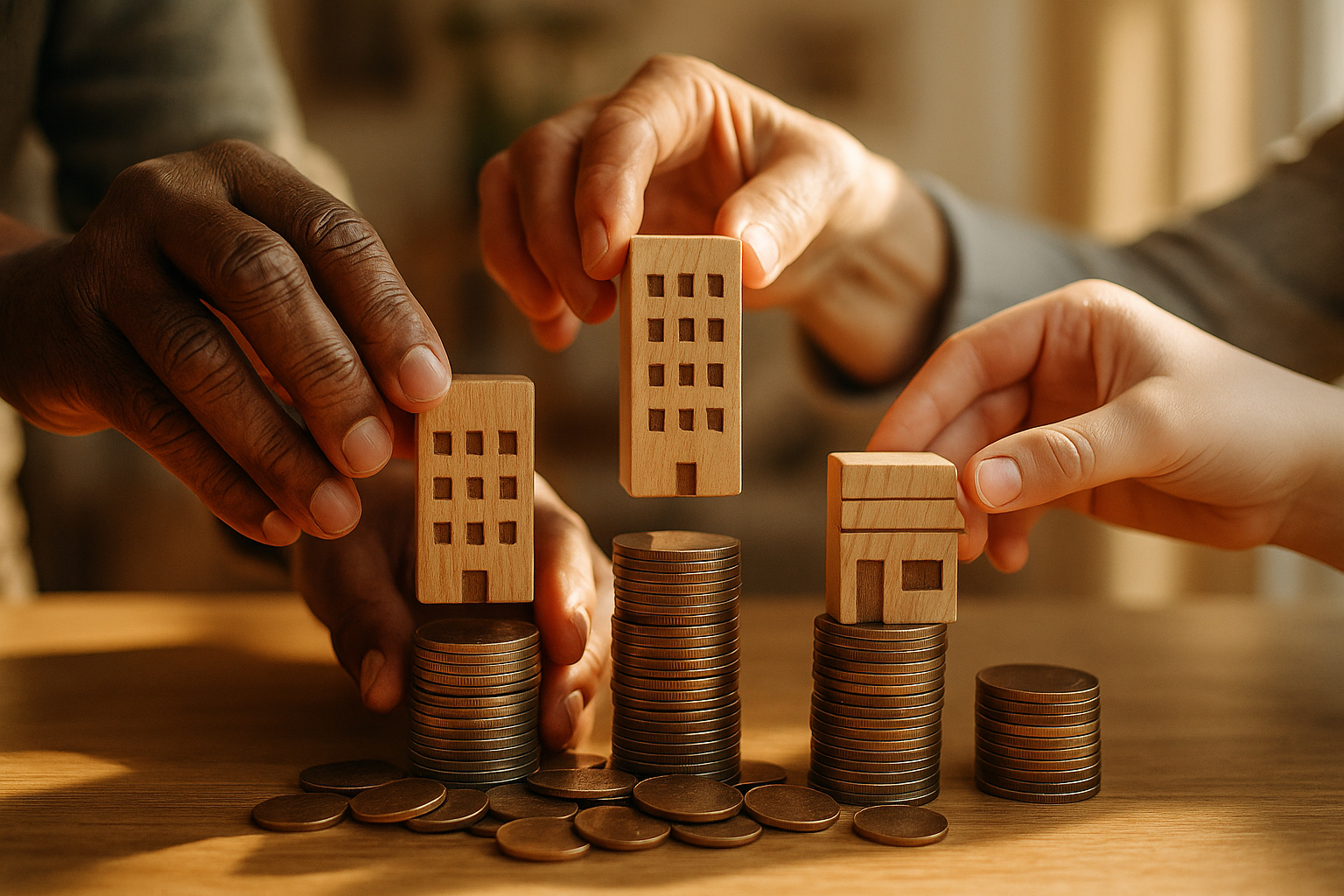 Mains de différentes personnes empilant des blocs en bois représentant des biens immobiliers
