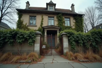Façade d'une maison abandonnée avec portail rouillé et végétation envahissante, illustrant l'achat d'une propriété à l'abandon