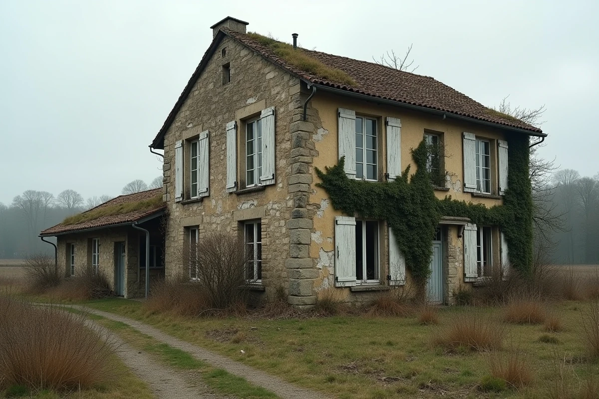 Maison abandonnée en pierre avec volets cassés et végétation envahissante illustrant une propriété sans occupant en milieu rural