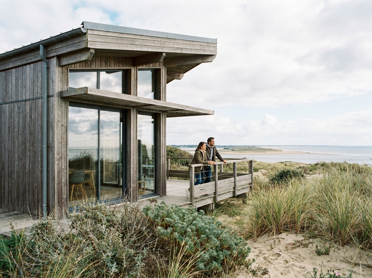 Maison ossature bois sur la côte atlantique près de Saint-Nazaire avec terrasse en bois et vue sur l'estuaire